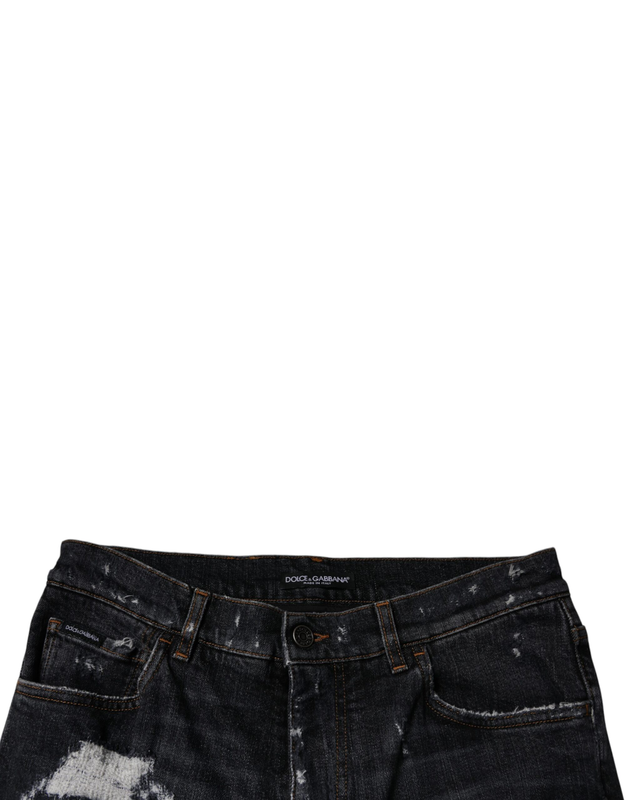 Black tattered cotton skinny men denim jeans-null