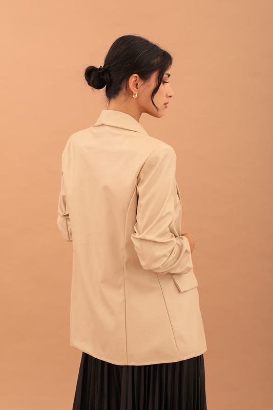 Mirabel faux leather ruffle sleeve blazer - beige-null