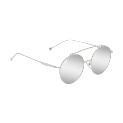 OJO man round sunglasses silver frame and temples with gray mirror polarised lenses rx comp., , medium