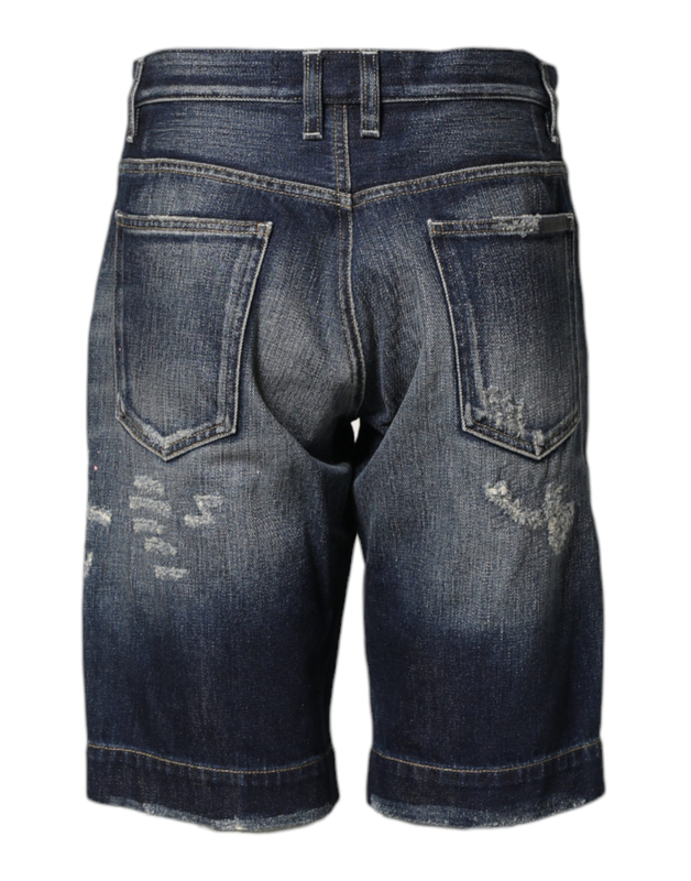Blue cotton distressed denim bermuda shorts-null