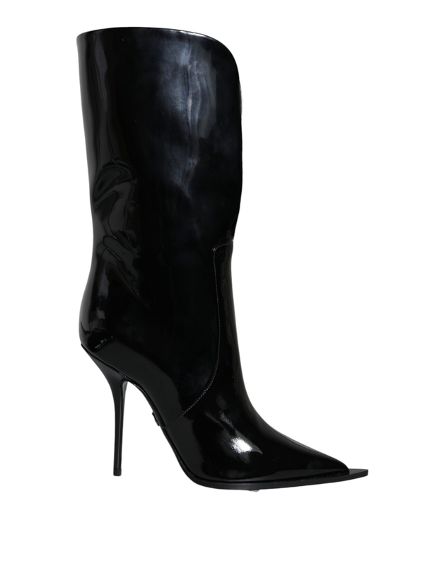 Black patent leather mid calf boots shoes-null