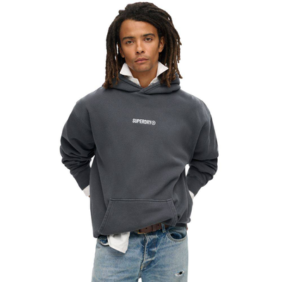 Micro logo graphic loose hoodie, Ebony, medium