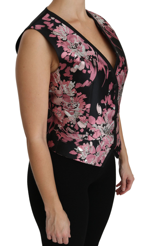 Black pink floral waistcoat vest blouse top-null
