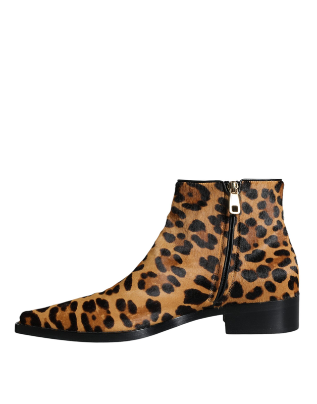 Brown leopard calf fur ankle boots shoes-null
