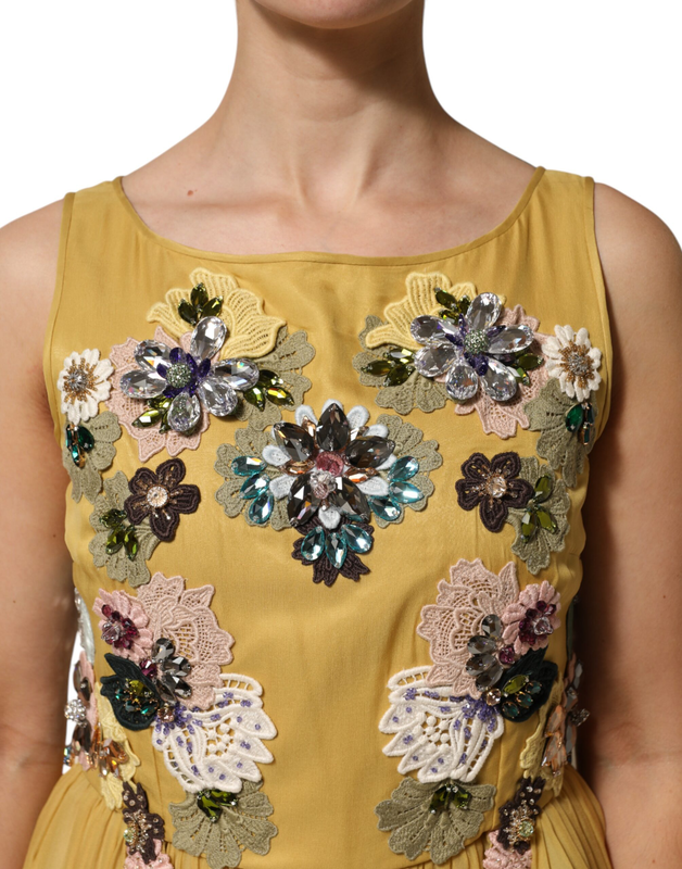 Yellow silk floral embroidered maxi dress-null