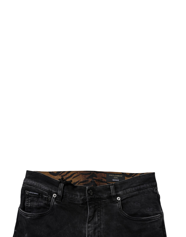 Black tattered cotton skinny men denim jeans-null