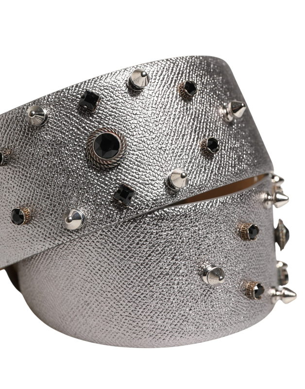 Silver leather crystal metal buckle belt-null