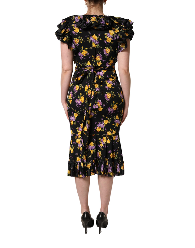 Black purple crystal brooch silk midi dress-null