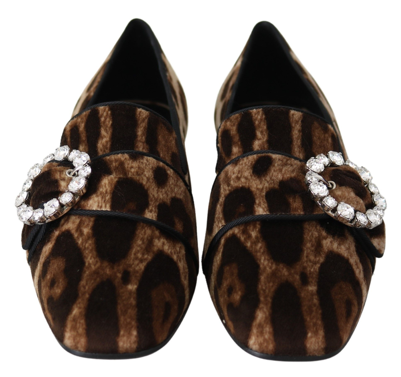 Brown leopard print crystals loafers flats shoes-null