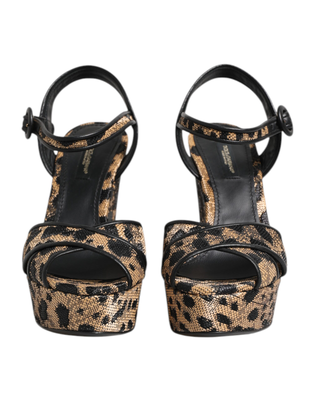 Brown leopard wedges ankle strap sandals shoes-null