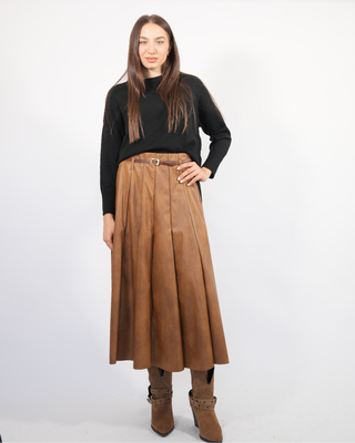 Maxi leather skirt with belt 7713, Camel, medium