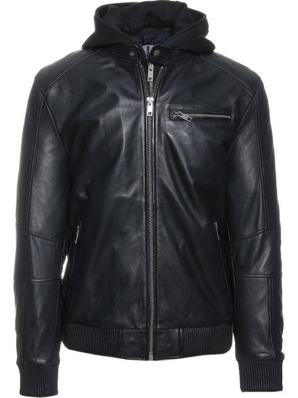 Bomber style leather hoodie jacket image number null