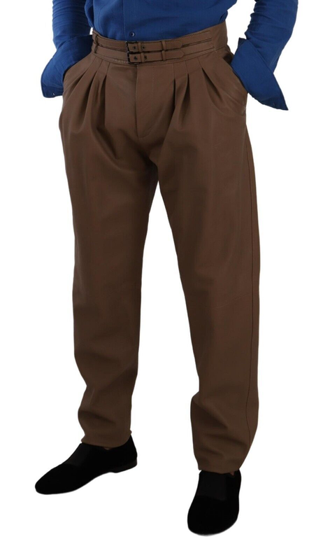 Brown leather tapered high waist pants-null