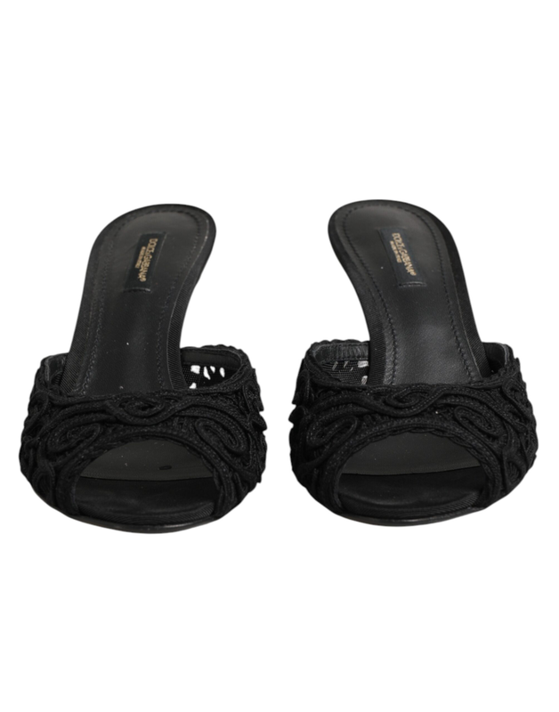 Black embroidered slip on heels slides shoes-null