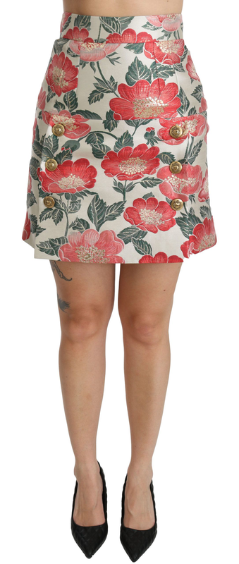 White green red floral high waist mini skirt-null