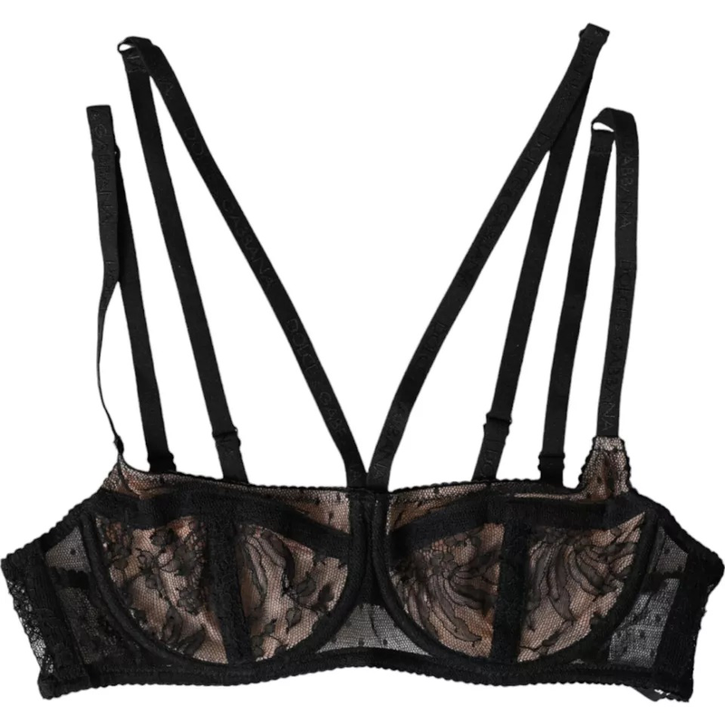 Black floral lace nylon balconcino bra underwear-null