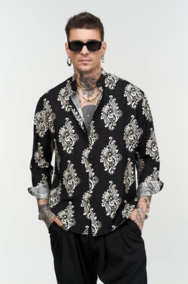 Stefan flame flower stand up collar shirt, Black, medium