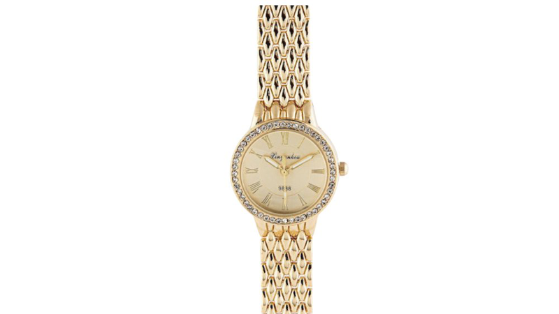 Gold dial ladies watch with crystal bezel and stainless steel strap-null