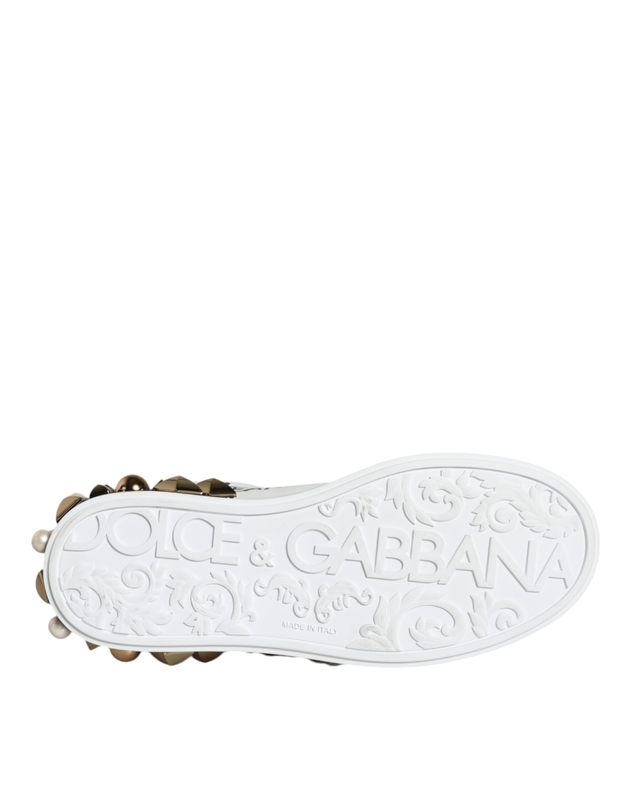 White leather floral studded sneakers shoes-null