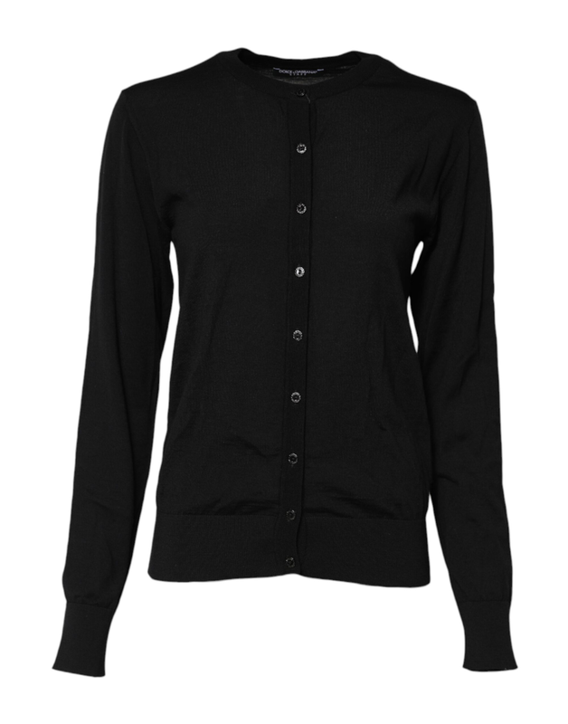 Black wool knit round neck cardigan sweater-null