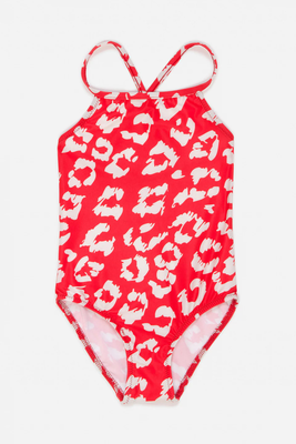 Girls' swimsuit red leopard, Red, medium