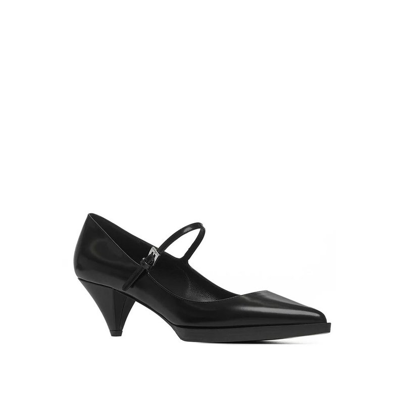 Black calfskin mid heel pumps-null