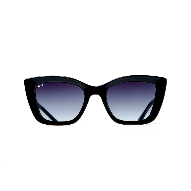 OJO sunglasses classic cat eye with black frame and clear black temples with grey gradient l. Rx-null
