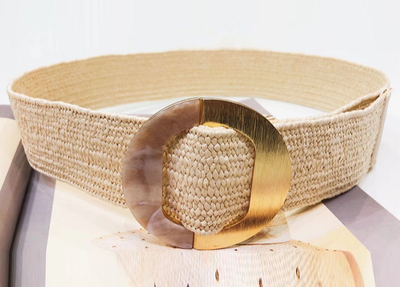 Round buckle straw belt beige