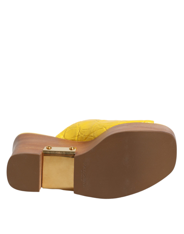 Yellow leather wood mule wedge slides shoes-null