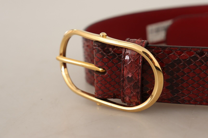 Red exotic leather gold oval buckle belt-null