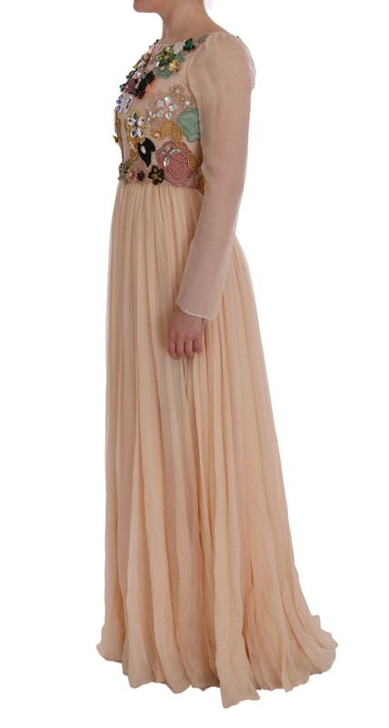 Pink silk floral crystal maxi gown dress-null
