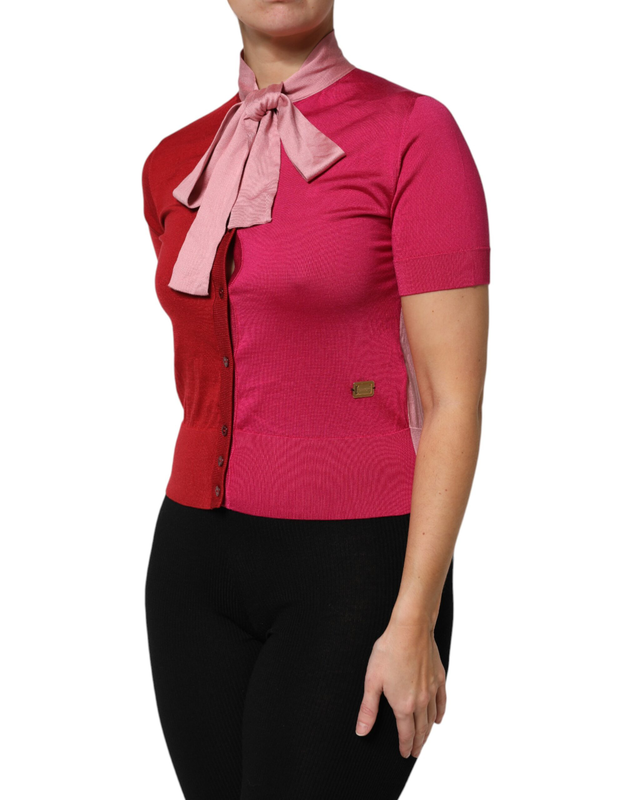 Pink short sleeves buttoned ascot collar top-null