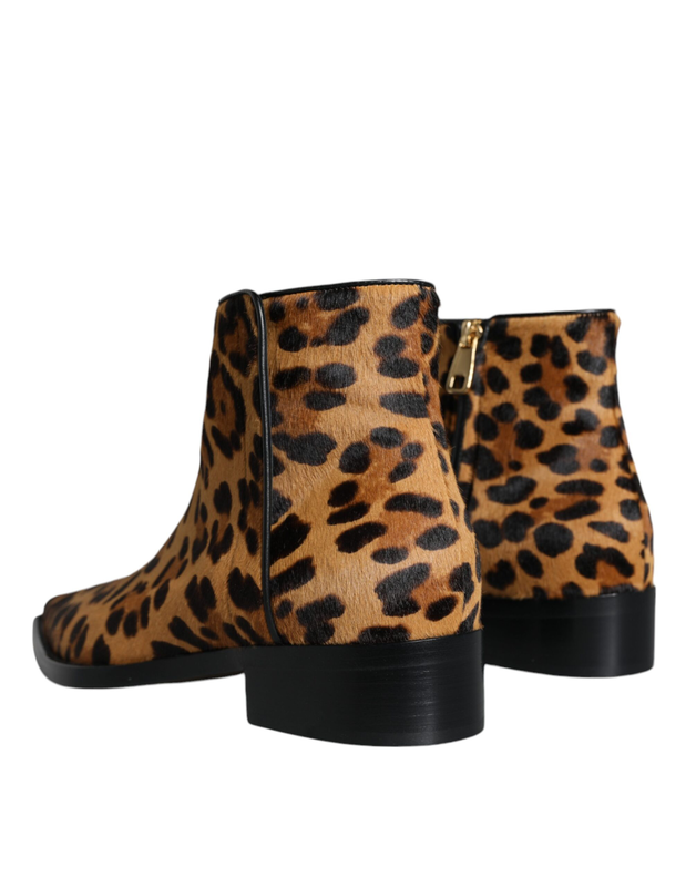 Brown leopard calf fur ankle boots shoes-null