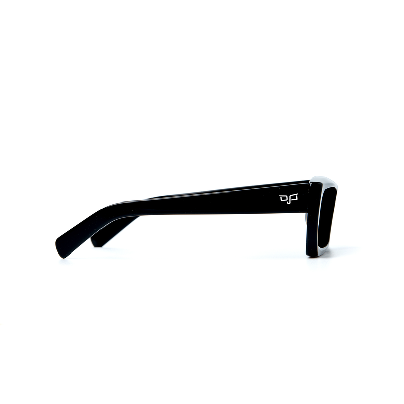 OJO sunglasses square handmade black frame and temples with nylon green polarised lenses-null