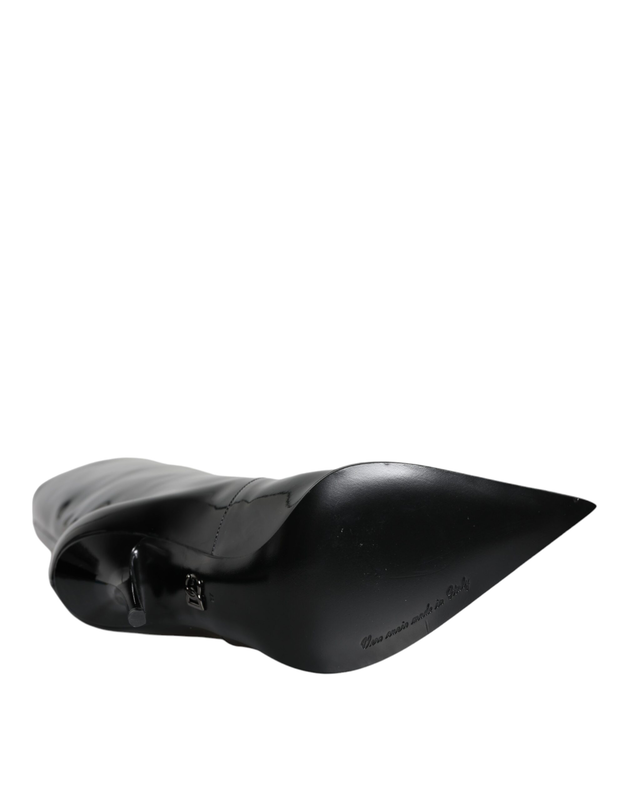 Black patent leather mid calf boots shoes-null