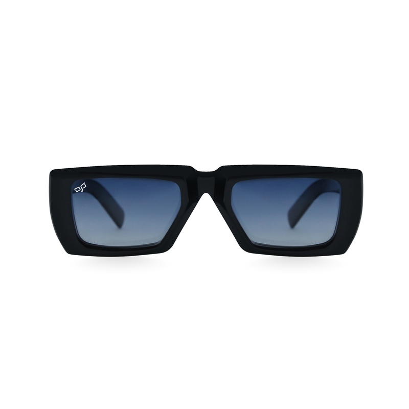 OJO sunglasses square handmade black frame and temples with nylon blue polarised lenses image number null