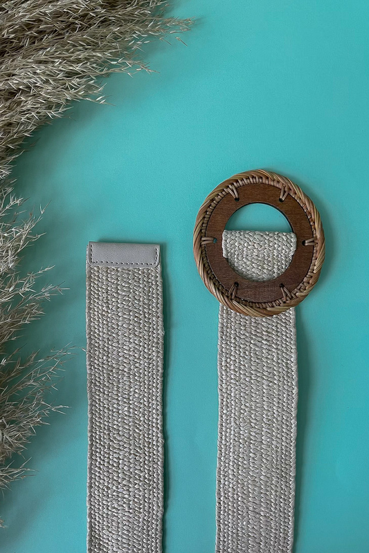 Round wooden buckle straw belt beige-null