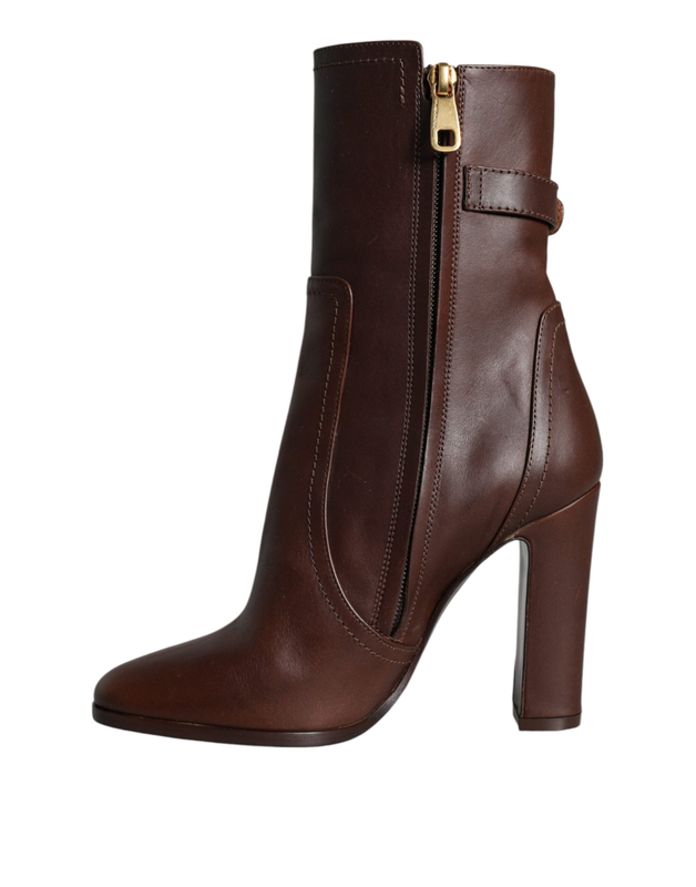 Brown leather heels mid calf boots shoes-null