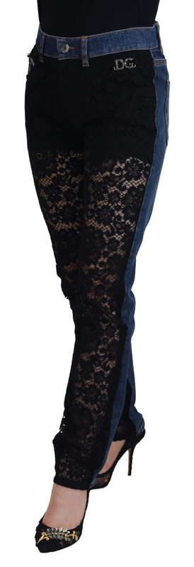 Black floral lace front skinny denim jeans-null