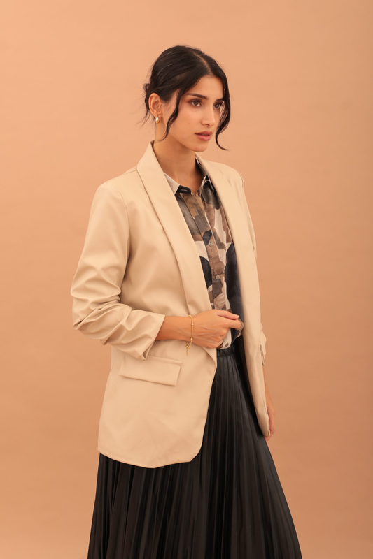 Mirabel faux leather ruffle sleeve blazer - beige-null