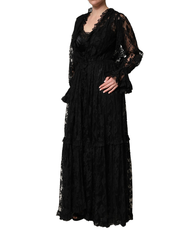 Black lace a-line long evening gown dress-null