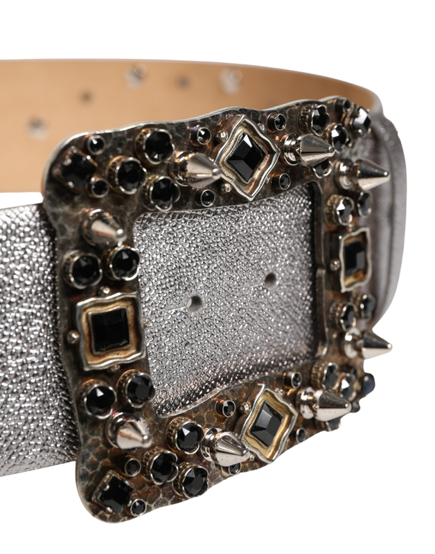 Silver leather crystal metal buckle belt-null
