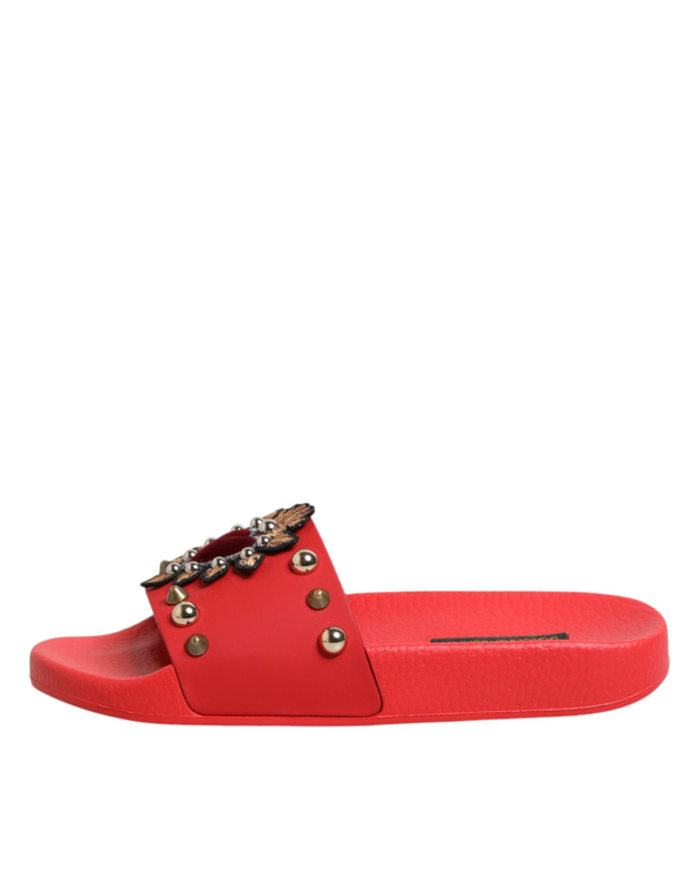 Red sacred heart stud slides beachwear shoes-null