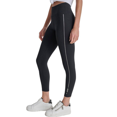 High waist 7/8 rhinestone logo tights, Black, medium