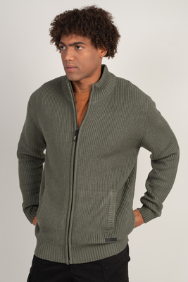 High neck knitwear cardigan, Kkhaki, medium