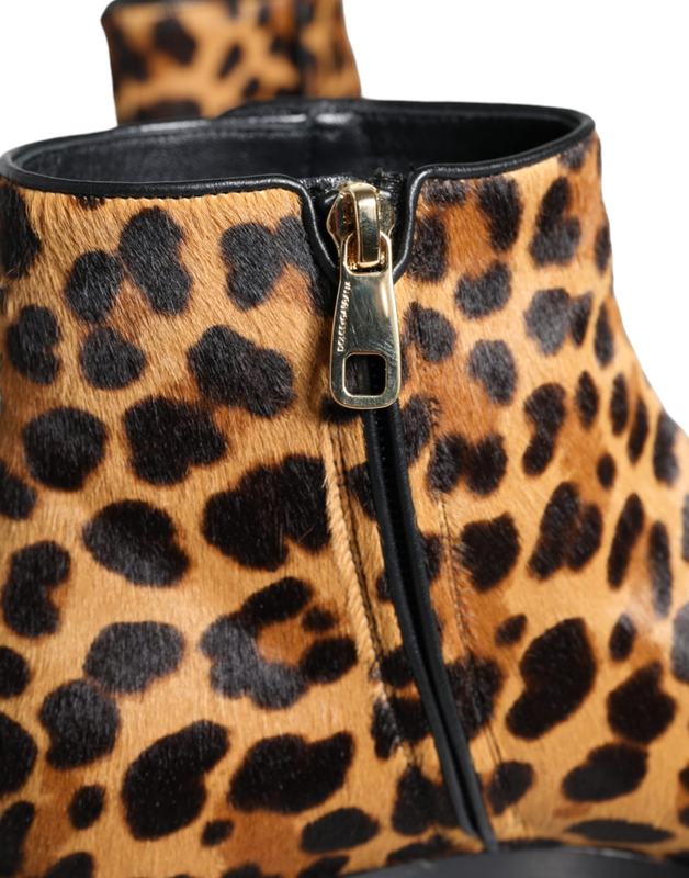 Brown leopard calf fur ankle boots shoes-null