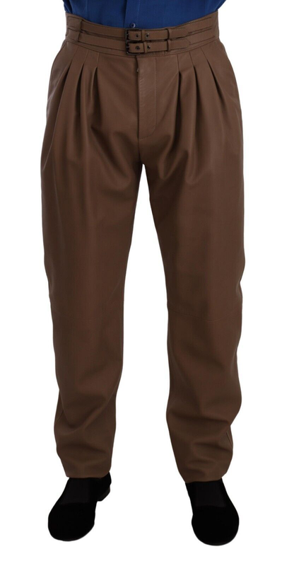 Brown leather tapered high waist pants-null