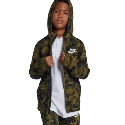 Boys sportswear fleece camo hoodie, Olive / Black, medium