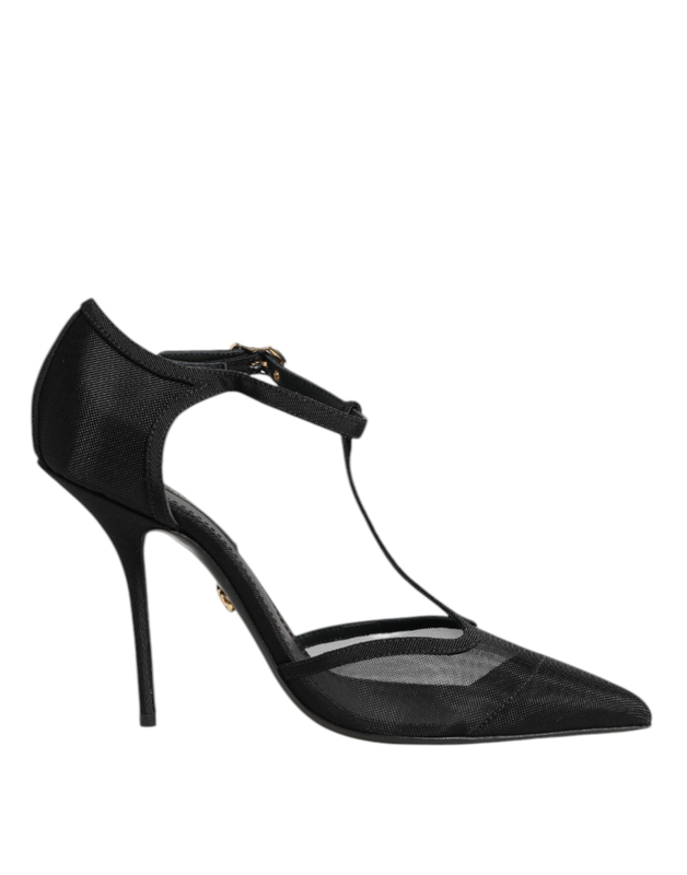 Black mesh t-strap stiletto high heels shoes-null