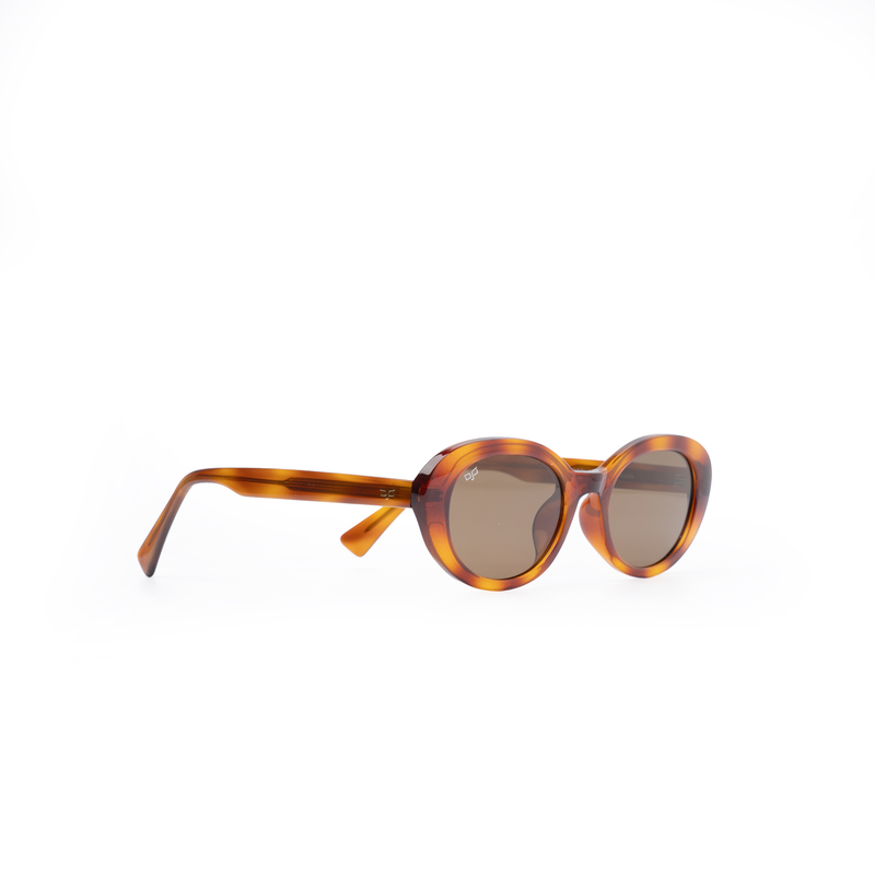 OJO sunglasses round handmade shell brown frame and clear shell brown temple with brown p. Lenses rx-null